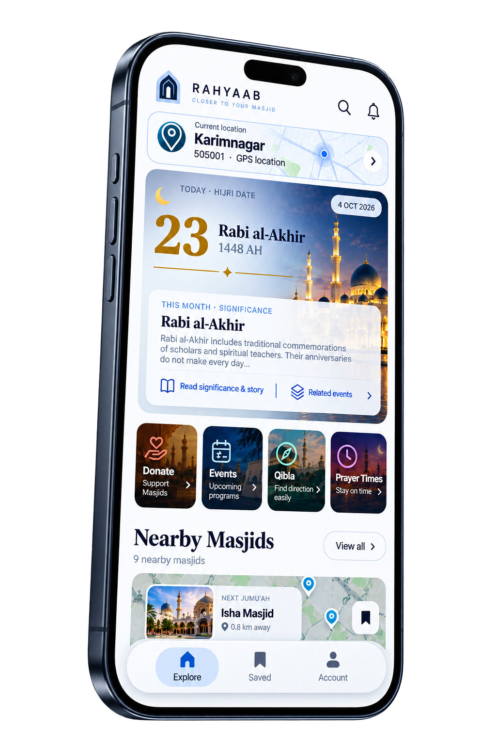 Illustrative Rahyaab phone mockup showing the app home experience